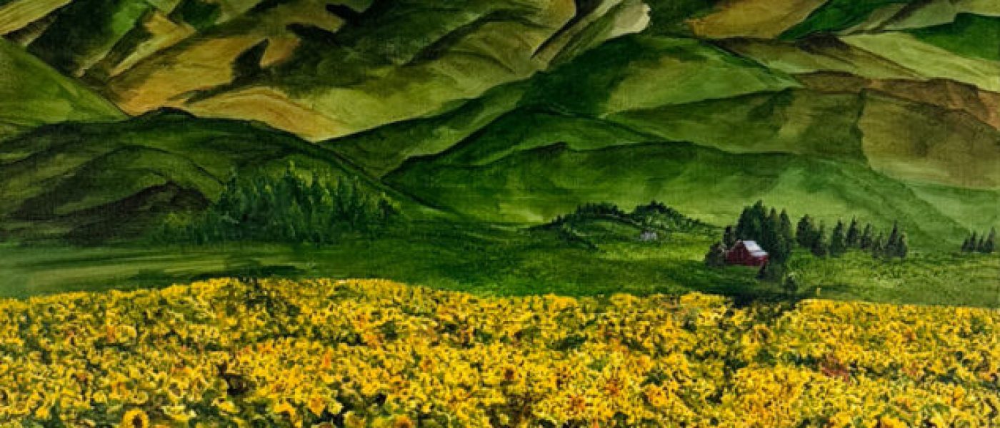 Sunflower Field in Badger Pocket, Mt Rainier in the distance | Original Acrylic on Gallery Wrapped Canvas | 48x30" | $850 Prints Available