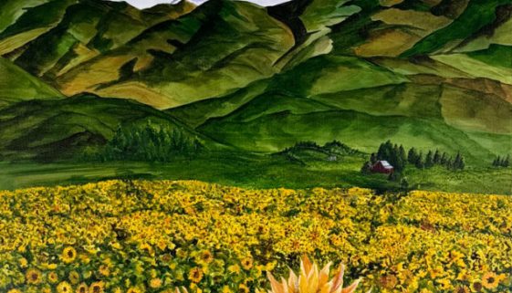 Sunflower Field in Badger Pocket, Mt Rainier in the distance | Original Acrylic on Gallery Wrapped Canvas | 48x30" | $850 Prints Available