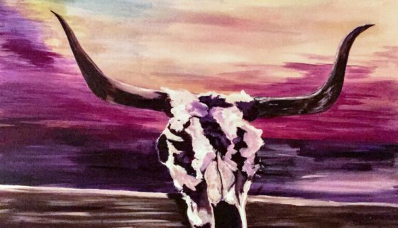 The Guardian | Steer Skull on fence rail with purple tinged sky | Original Acrylic on Gallery Wrapped Canvas | 30x48" | $650 | SOLD Prints Available